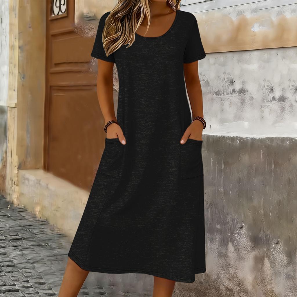 Women Casual Loose Fit Crew Neck Short Sleeve Midi Dress with Pockets Soft Fabric Comfortable Everyday Wear Suitable for Various Occasions
