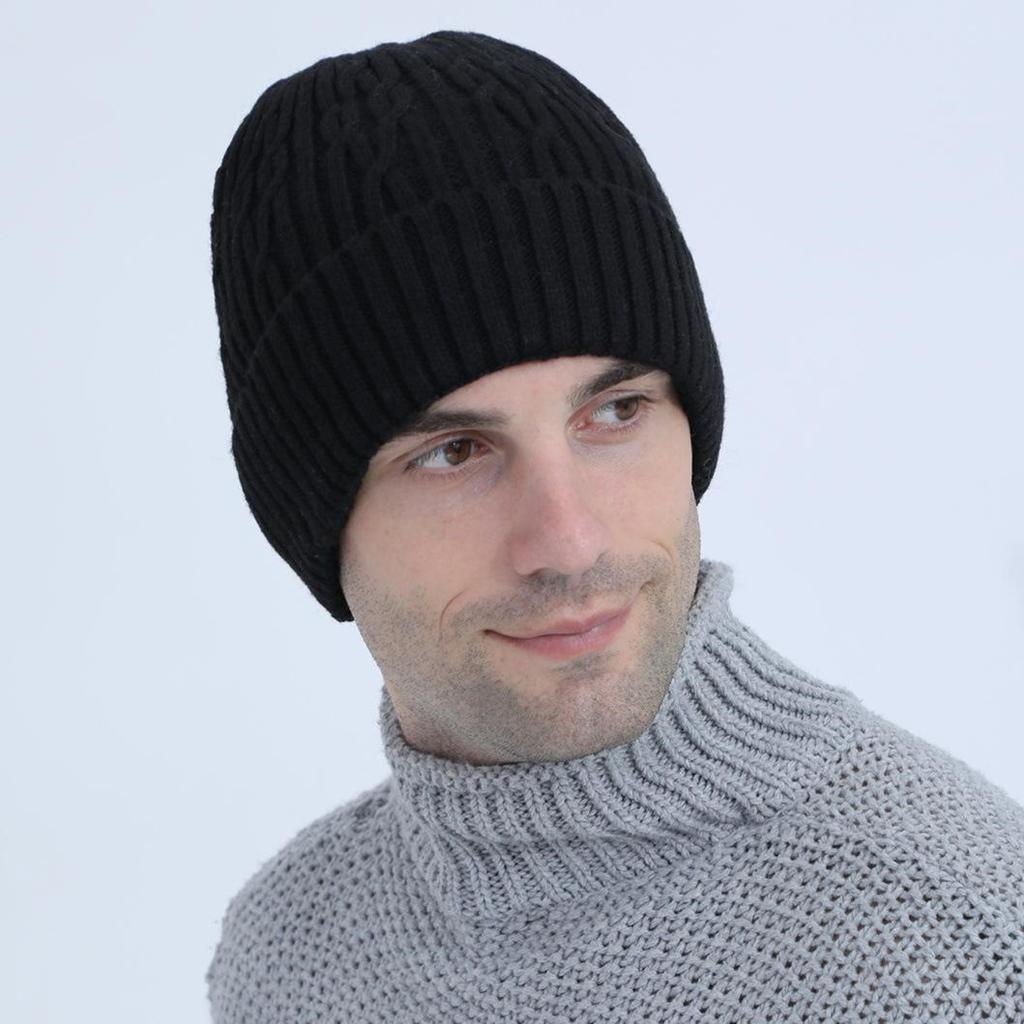 New Plus Velvet Men's Solid Color Knitted Pullover Cap Autumn and Winter Warm Cycling Ear Protection Cap