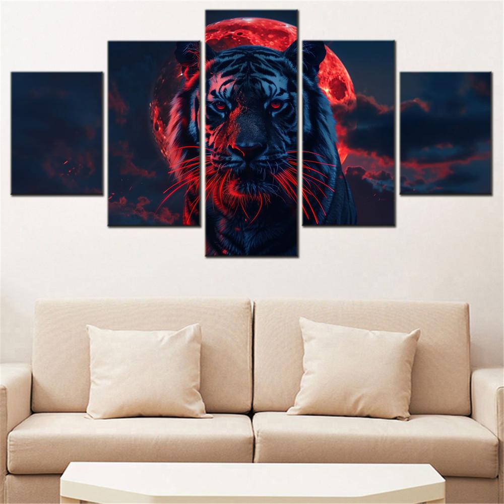 

5 Pieces Canvas Wall Arts Poster Paitning Animals Tiger Red aesthetic Wallpaper Home Decor Picture Printing Interior Artwork 20X35 20X45 20X55CM