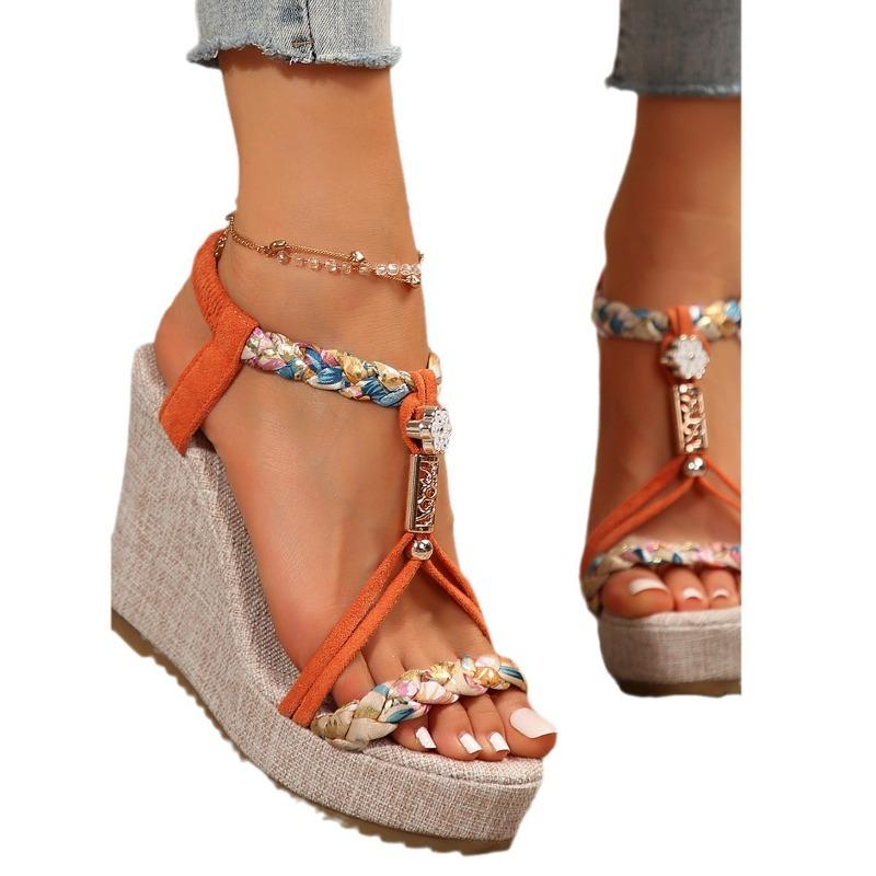 Damen Übergröße Farbblock Gewebte Keilsandalen Hohl Ausgeschnitten Offene Zehen Lässige Sommer Tägliche Schuhe