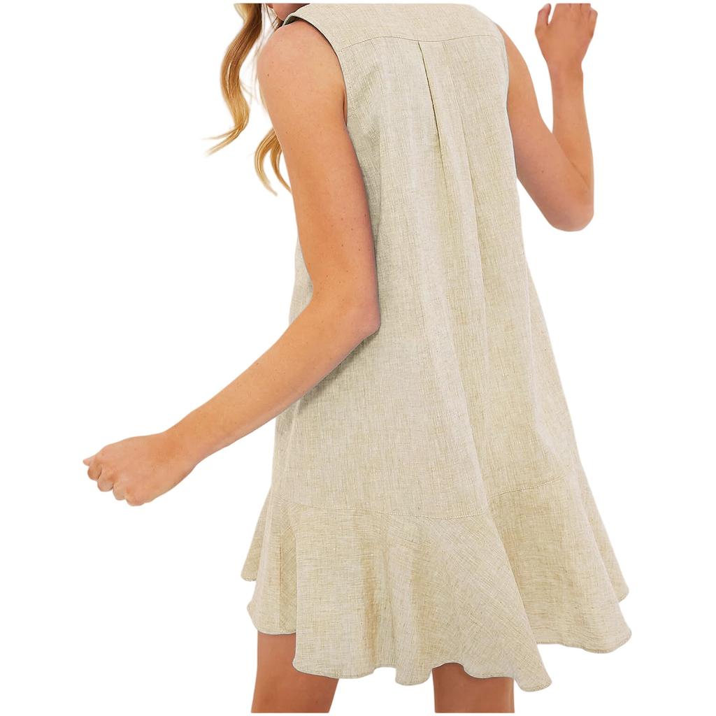 Women's Solided Lapel Sleeveless Nail Open Chest Pleated Ruffled Dress