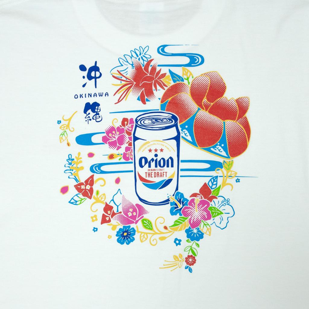 Orion Beer Cotton Fabric White White Black Black Back Hibiscus Logo Okinawa Unisex Local Shirt Standard Orion Hanagasa T-shirt T-shirt (XL, White)