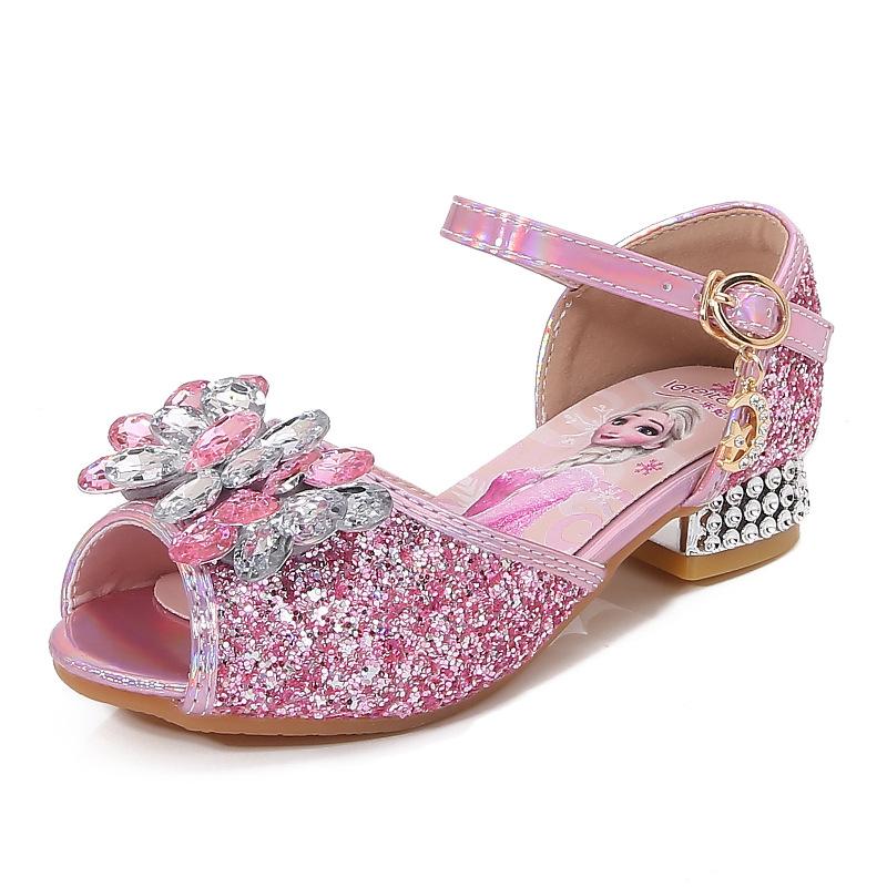 

New Fashionable Rhinestone Flower Spring/Summer Little Girl High Heels Princess Style Performance Children s Soft Sole Leather Sandals 23 розовый