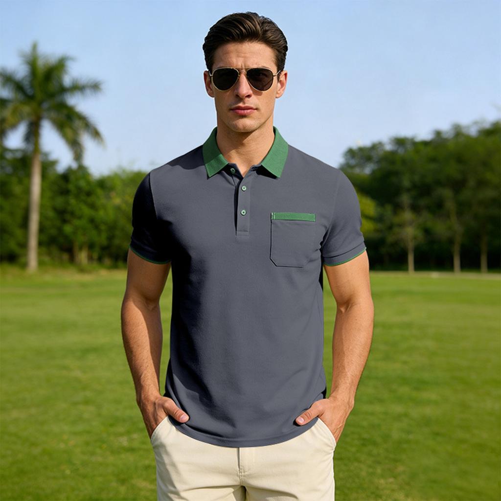 Men’s Short Sleeve Polo Shirt with Collar Pocket Classic Fit Casual Button Down Top
