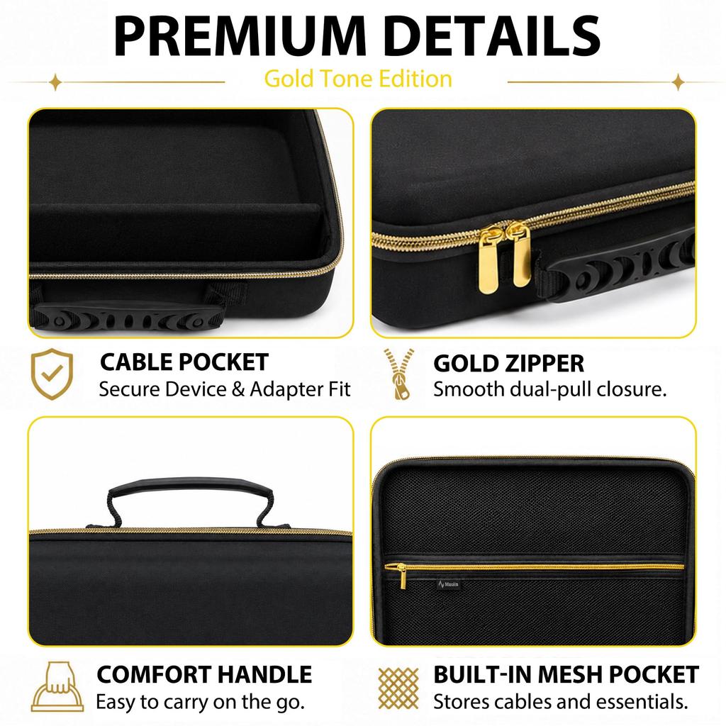 Musiin Quad Cortex Compatible Guitar Effect Processor Case Gold Tone Edition Mesh Pocket Cable Compartment Portable Storage with Handle