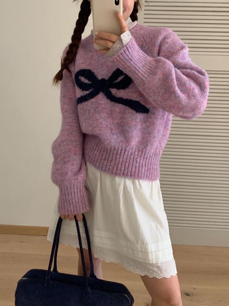 Winter Women's High-End Bow Knot Sweater - Loose Fit Round Neck Long Sleeve Knitwear