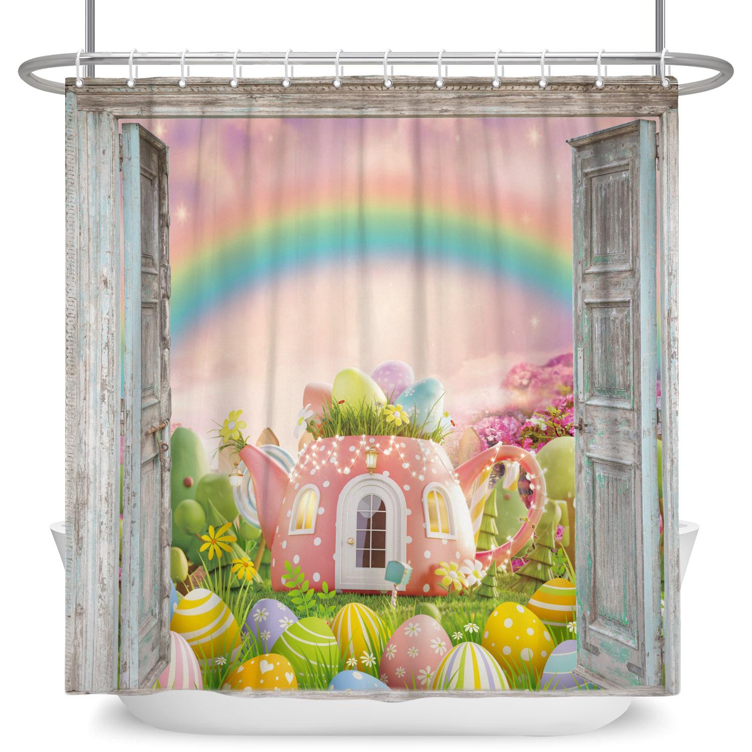 

Happy Easter Shower Curtain Spring Wood Board Green Grass Rabbit Bunny Eggs Bath Curtains Waterproof Bathtub Screen W60H190(CM)-1 Pcs