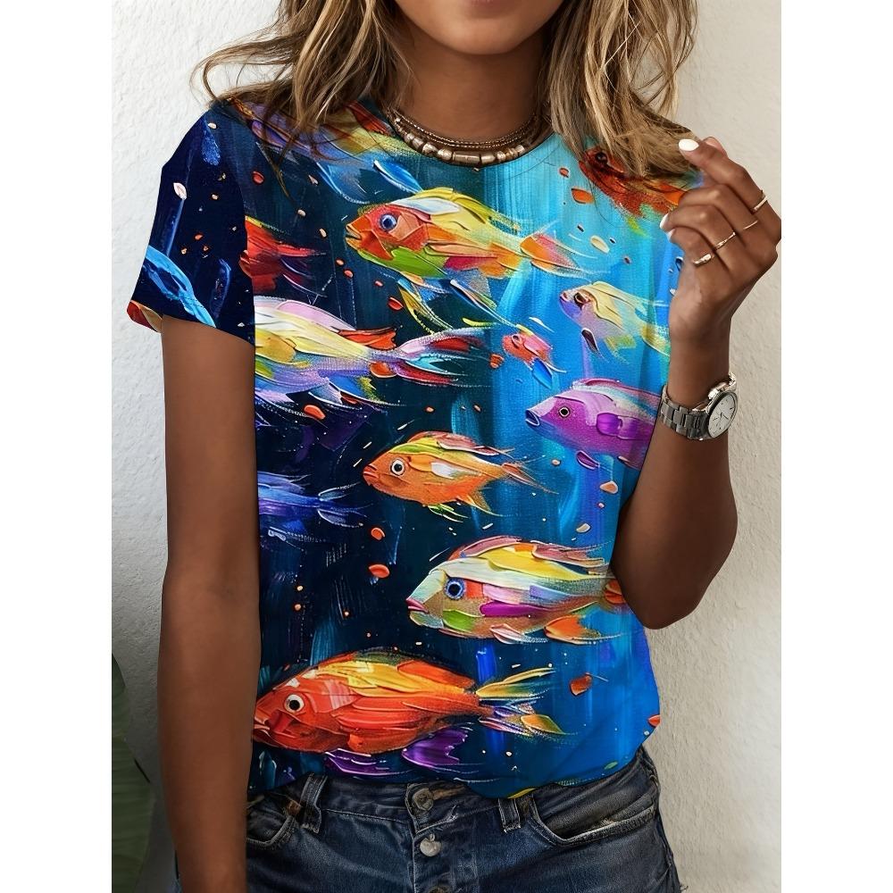 Summer Fashionable Retro Colorful Cartoon 3D Pattern T-shirt Comfortable Oversized Breathable Leisure Versatile Women's T-shirt
