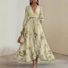 Spring Summer Ladies Elegant Dress Sexy V Neck Print Long Sleeve Big Swing A Line Holiday Dress Women Maxi Dresses Clothing