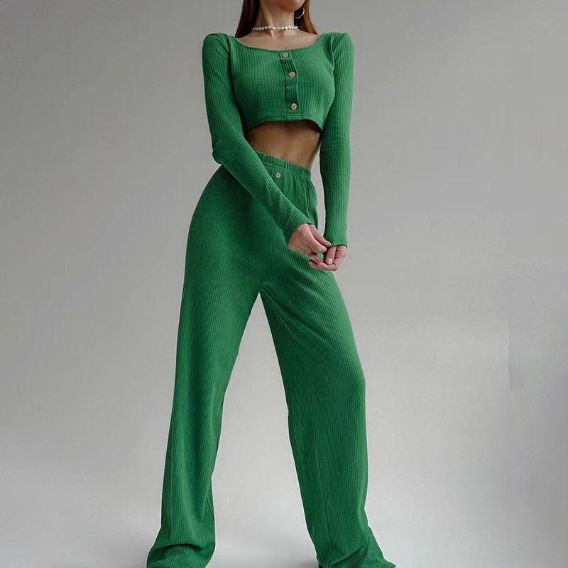 

Fashion New Fashion Short Long Sleeves Top and Trousers Suit Short Top and Long Pants Set Green S