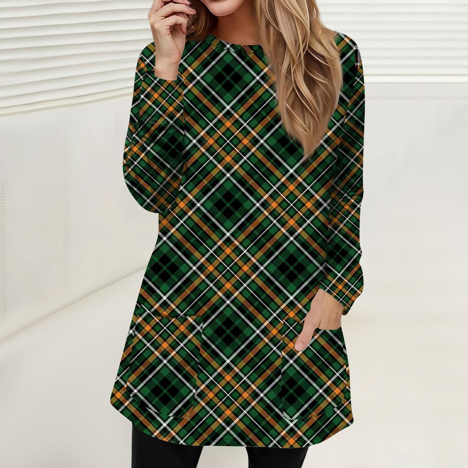 

Жіноча модна повсякденна футболка-пуловер з круглим вирізом і кишеньковим пледом з принтом з довгими рукавами XXXL зелений