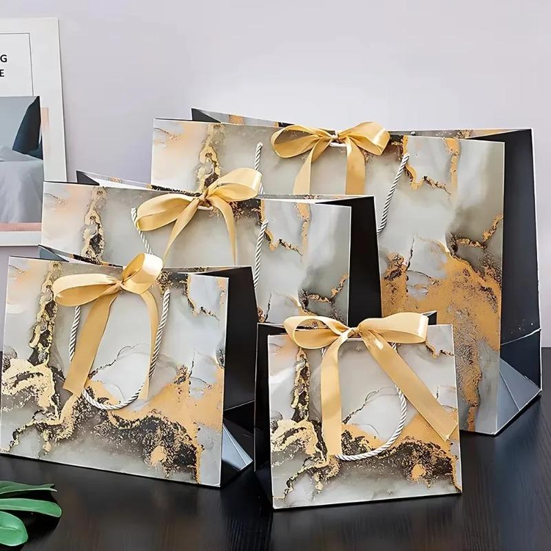 Large Marble Tote Bag with Green Gold Ribbon Bow Durable Storage Shopping Bag for Wedding Birthday Party Bridesmaid Gift Use