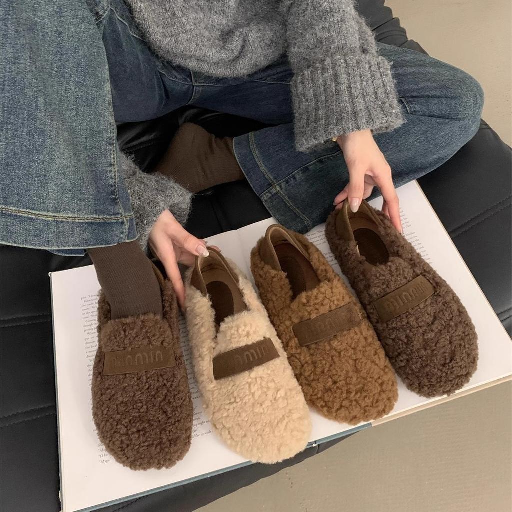 Evening wind fluffy shoes women's outer wear 2025 autumn and winter new Mary Jane plush single shoes soft sole plush warm cotton shoes