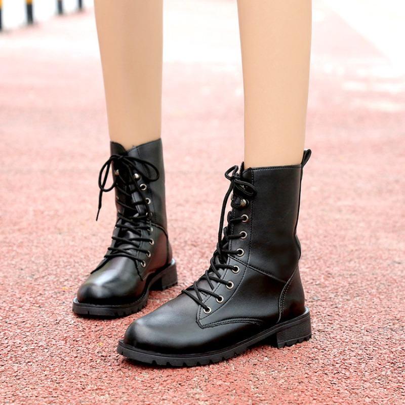 2026 Autumn/Winter Couple Large Round Head Thick Heel Strap Casual Mid Top Boots