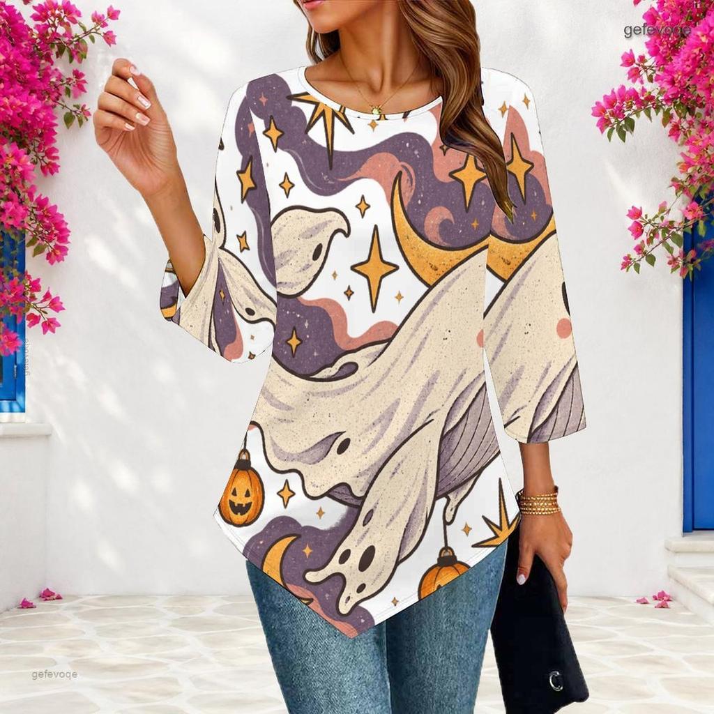 Ladies Plus Size Loose Three Quarter Sleeve Blouse Pointed Hem Breathable Casual Office Daily Top