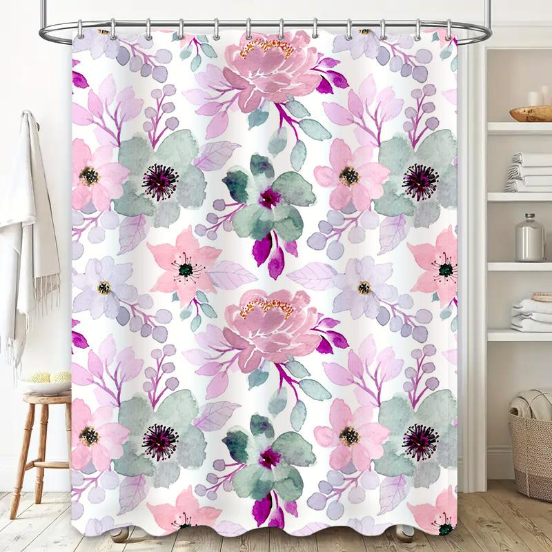 Luxury Flower Print Shower Curtains for Bathrooms Waterproof Home Decor in White, Pink Green Floral Design