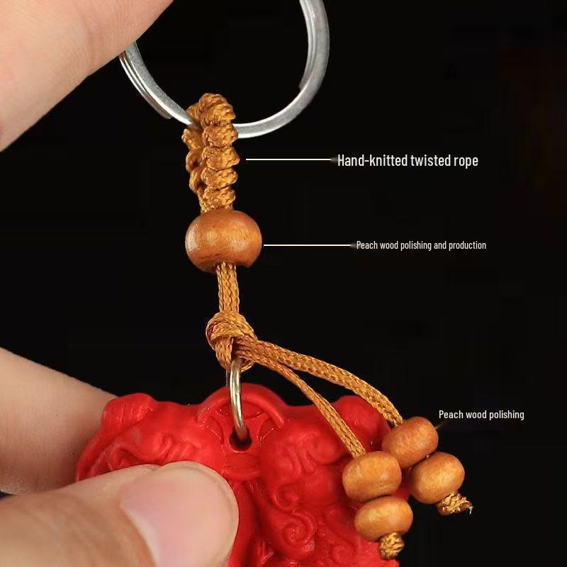 Cinnabar Double Pixiu Keychain & Pendant: Luck & Wealth Charm for Car or Phone.