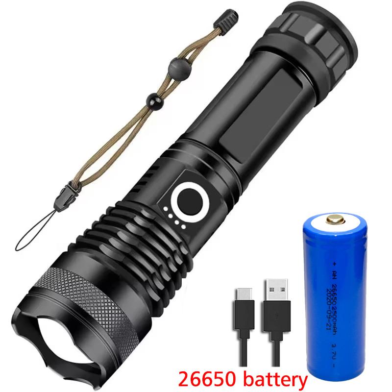 XHP50 High Power Rechargeable LED Tactical Flashlight Aluminum Alloy Telescopic Zoom Torch Lamp for Outdoor Camping Fishing
