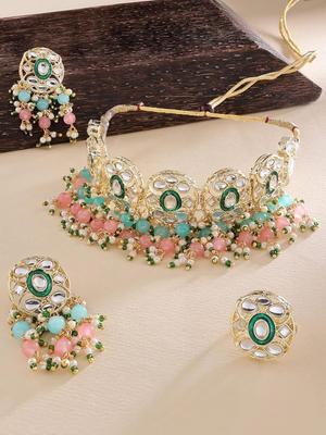 Pink and Green Beads Cluster Drop Kundan Choker Necklace Earrings and Ring Set for Women