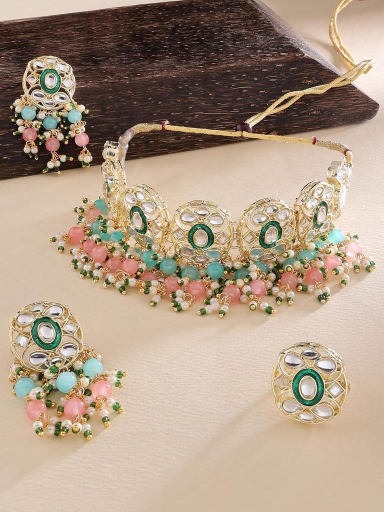 Rosa und Grüne Perlen Cluster Tropfen Kundan Choker Halskette Ohrringe und Ring Set für Damen