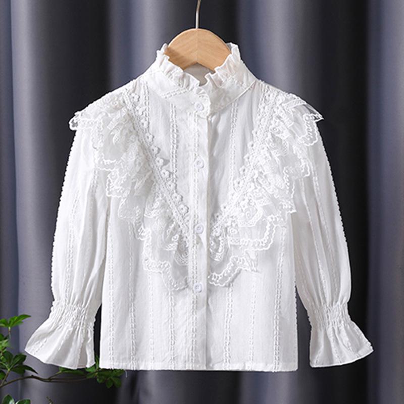 Premium Girls' Lace Stand Collar Long-Sleeved Cotton Top for Spring/Autumn 2025