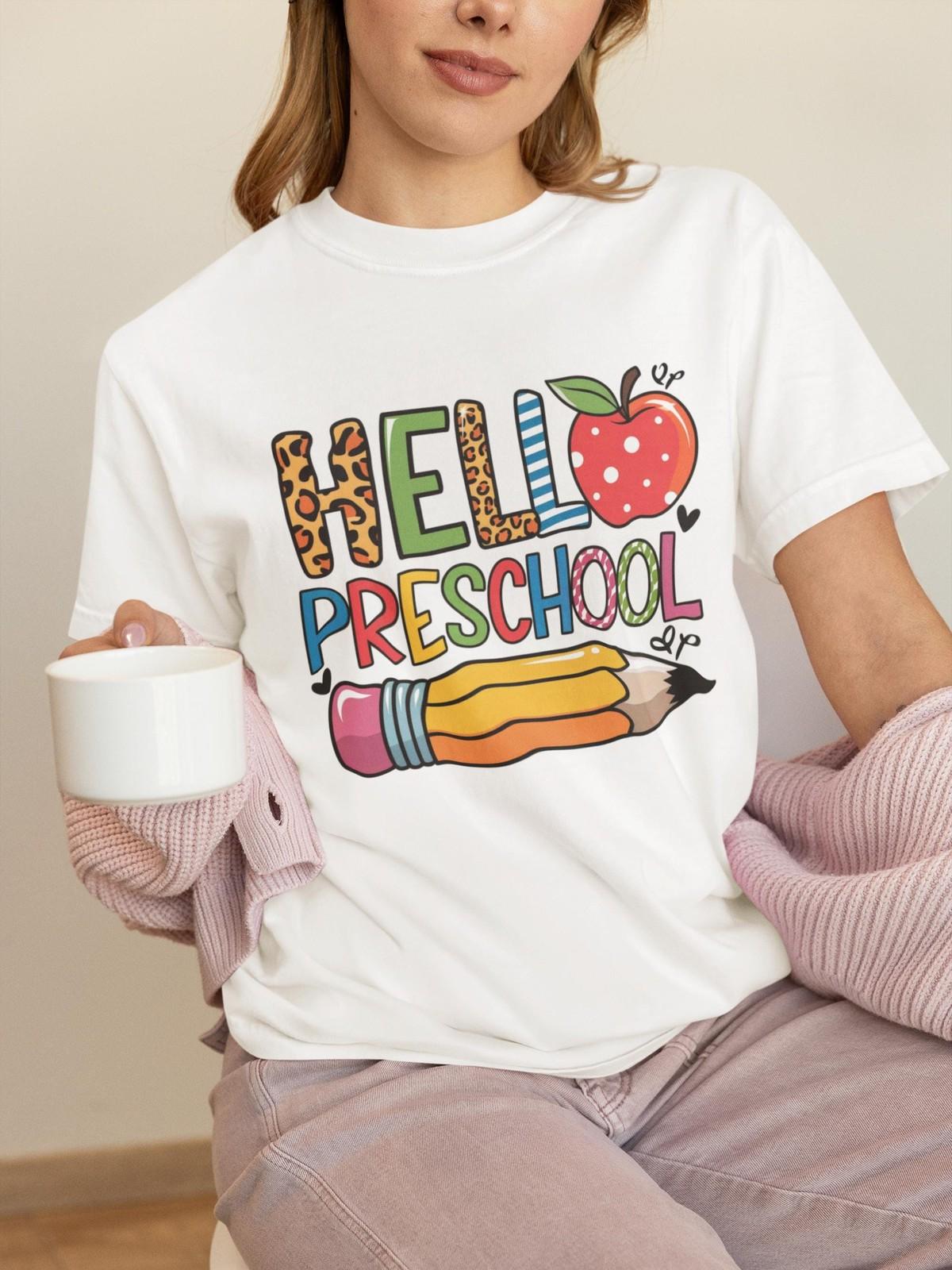 

Hello Preschool Teacher T-Shirt • Colorful Back to School Teacher Tee • 2XL