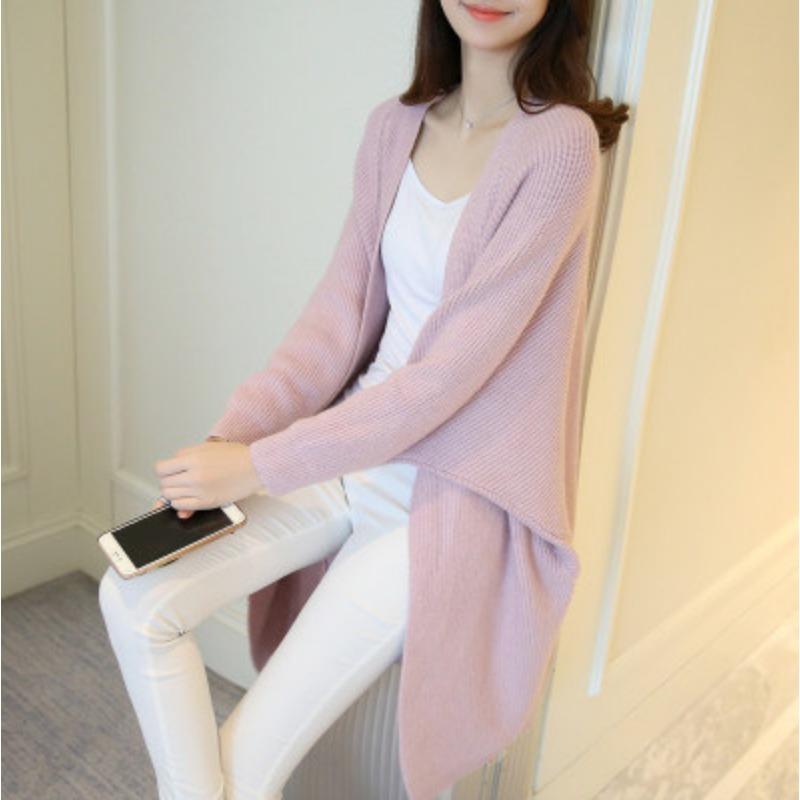Autumn and Winter  Women's Sweater Cardigan Jacket Medium Long Loose Casual with Bat Sleeves Irregular Design