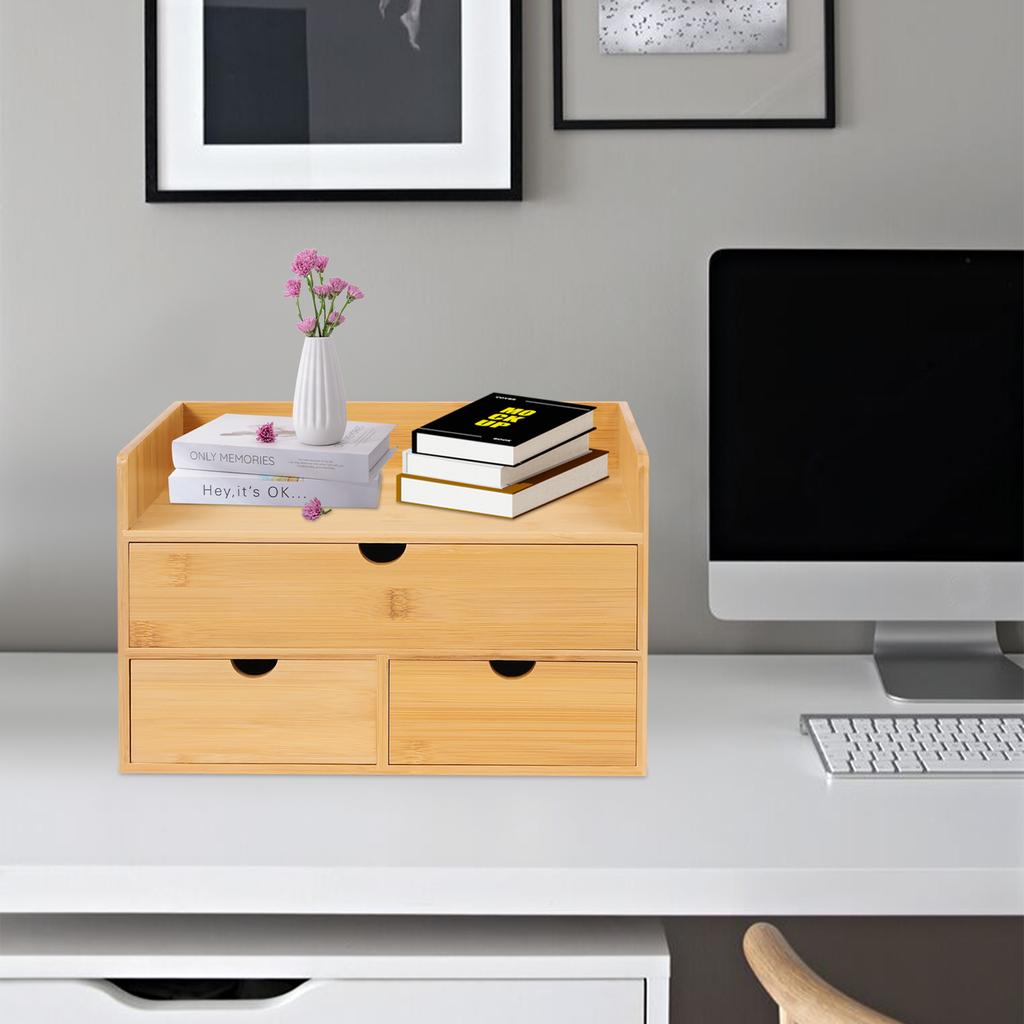 Bymaocar Bamboo Harmless Desk Storage Box W/ 3 Drawers,2-layer Office Supplies Storage Organizer,Study Room Decorative Bookshelf