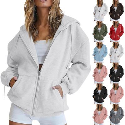 Women's Autumn Fashion Zipper Hoodie Long Sleeve Hooded Pullover Sweatshirt Casual Solid Color Tops With Pockets