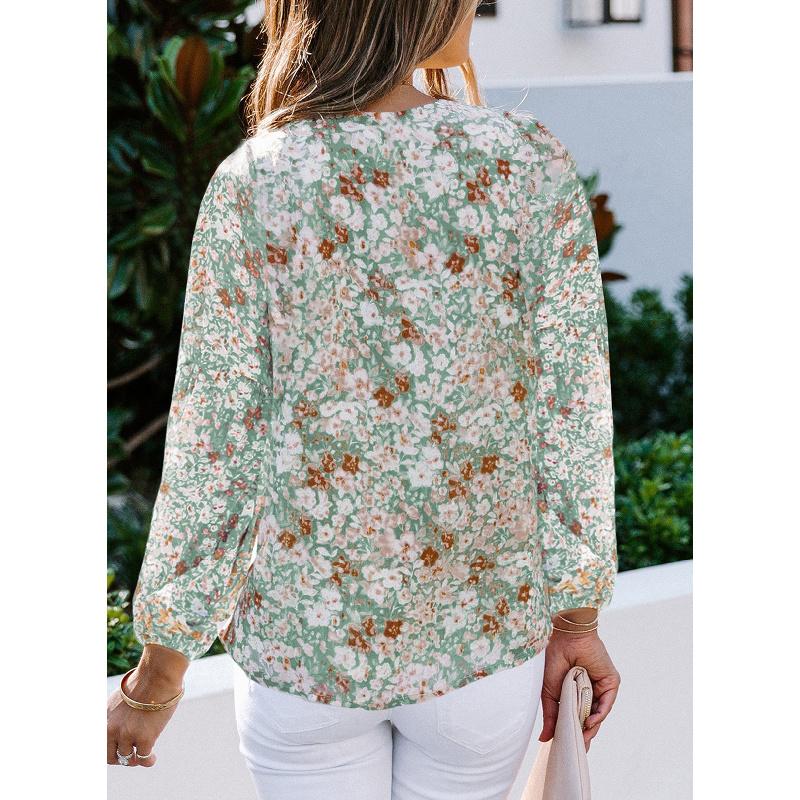 2026 New Spring and Autumn Women's V-neck Chiffon Top Lantern Sleeve Floral Casual T-shirt