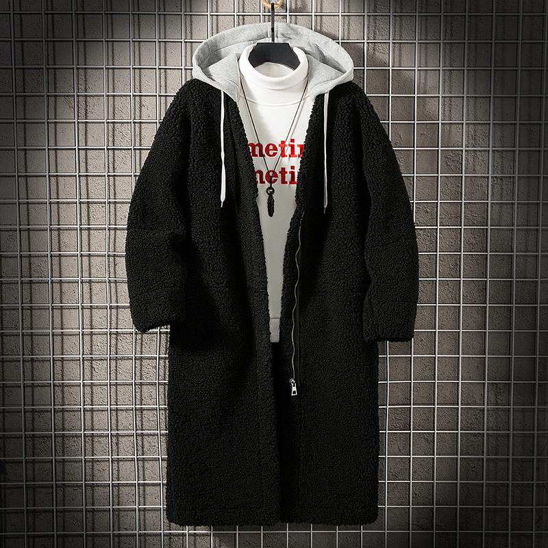 Herbst Winterlamm Wolle Mäntel Männer Mit Kapuze Lange Jacken Mode Beiläufige Lose Oberbekleidung Einfarbig Streetwear