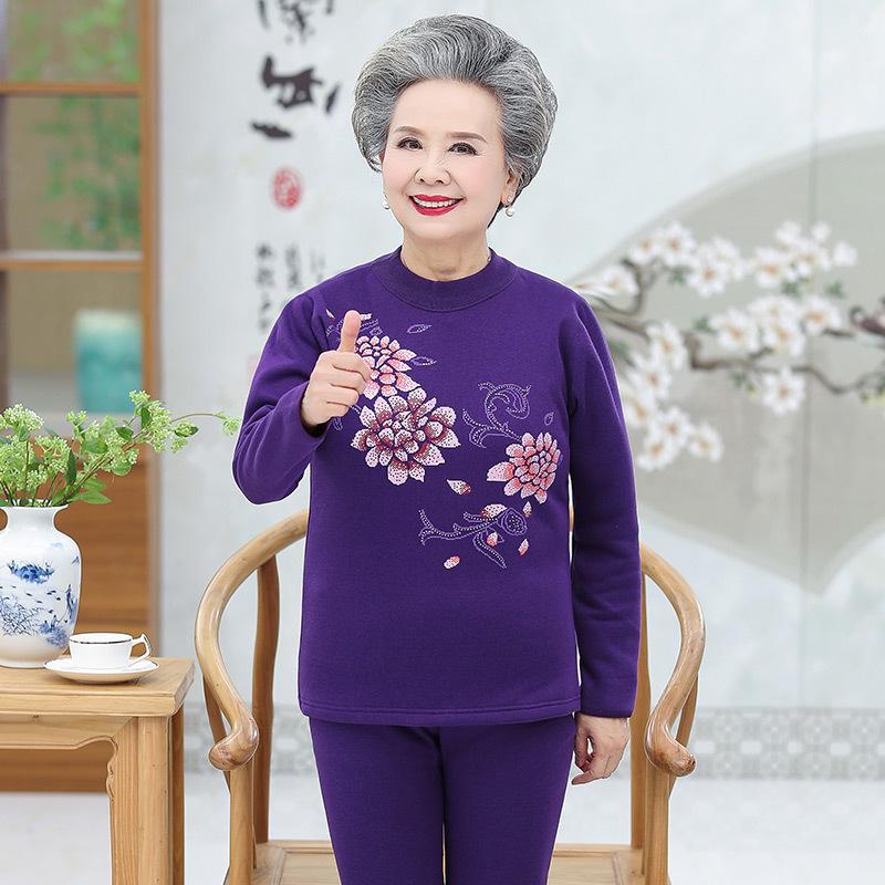 Women's Plus Size Fleece-Lined Warm Underwear Set for Middle-Aged and Elderly