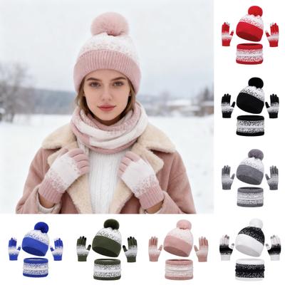 Ensemble Chapeau Écharpe Gants d'Hiver 3 Pièces Décoration Pompon Chapeau Doublure Peluche Épaissie Cache-Cou Ensemble de Gants Tactiles