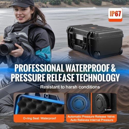 VEVOR Weatherproof Hard Case, Heavy Duty Protective Dry Box Case with Pre-cut Foam, Wheels & Retractable Pull Handles for Travel, Hunt, Military