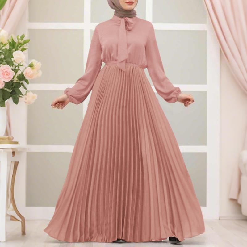 

ZANZEA Женское повседневное платье с бантом и круглым вырезом, с длинным рукавом 3XL камео розовый