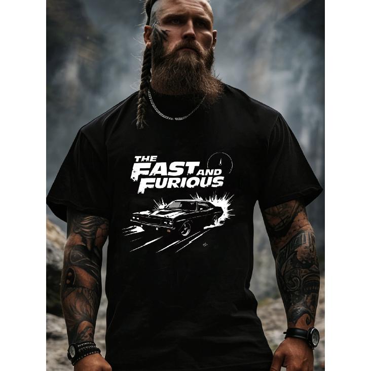 Black T Shirt The Fast And Furious Car Graphic Print for Men Casual Streetwear Outfit, Plus Size