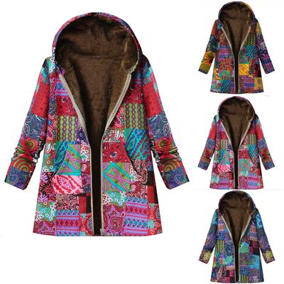 Langärmlige Damen-Kapuzenjacke aus dickem Verbundplüsch mit Vintage-Blumendruck in Übergröße