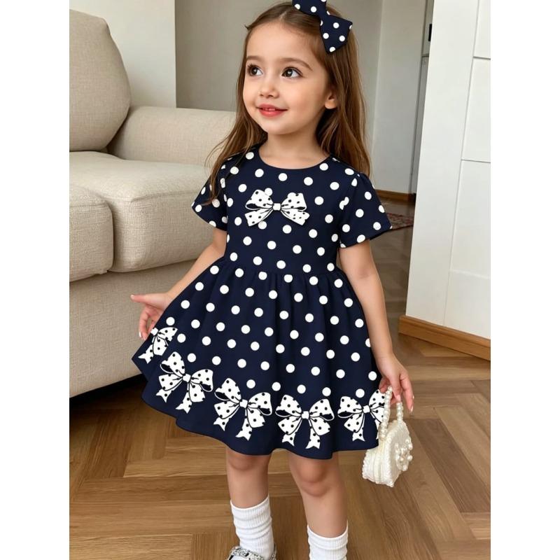 Cute Polka Dot Bow Dress for Girls Casual Short Sleeve Dress Comfortable Girls Clothes Summer Tops Children's Clothing