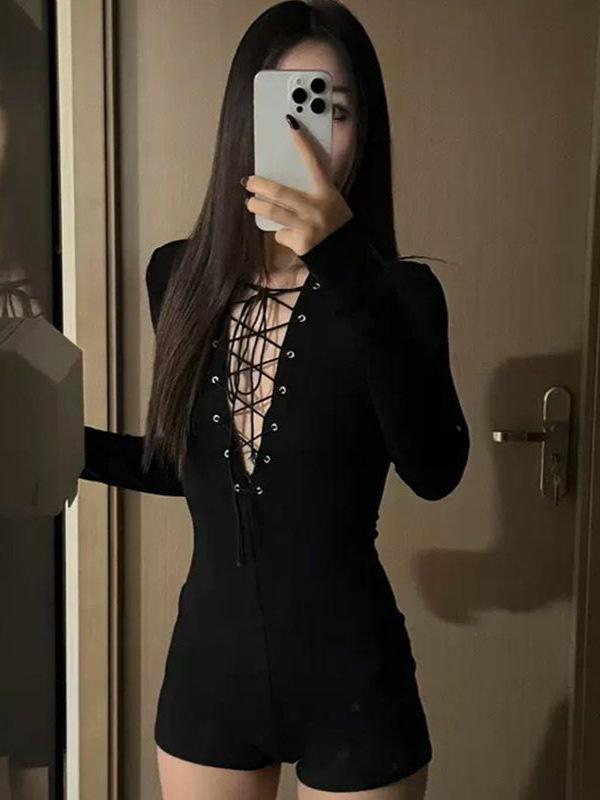 Women's Petite Black Long-Sleeve Bodysuit - Slimming & Sexy Autumn Wear
