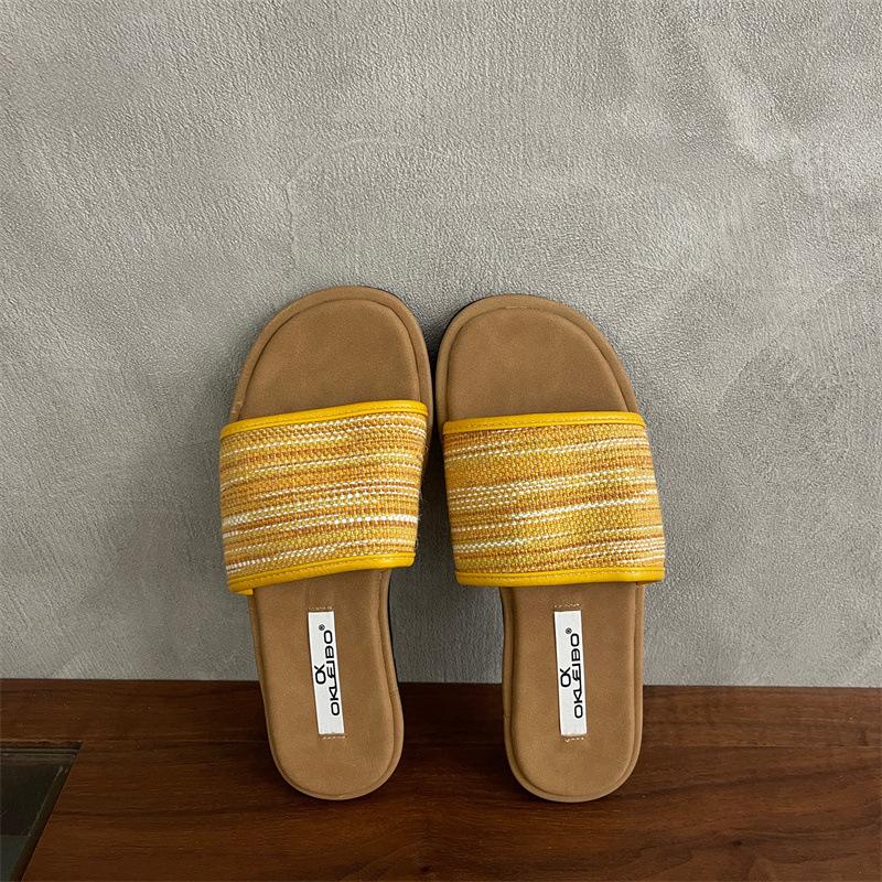 

Bohemian flat-bottomed woven one-word slippers for women s summer wear 2025 new design niche vacation cool slippers 35 жёлтый