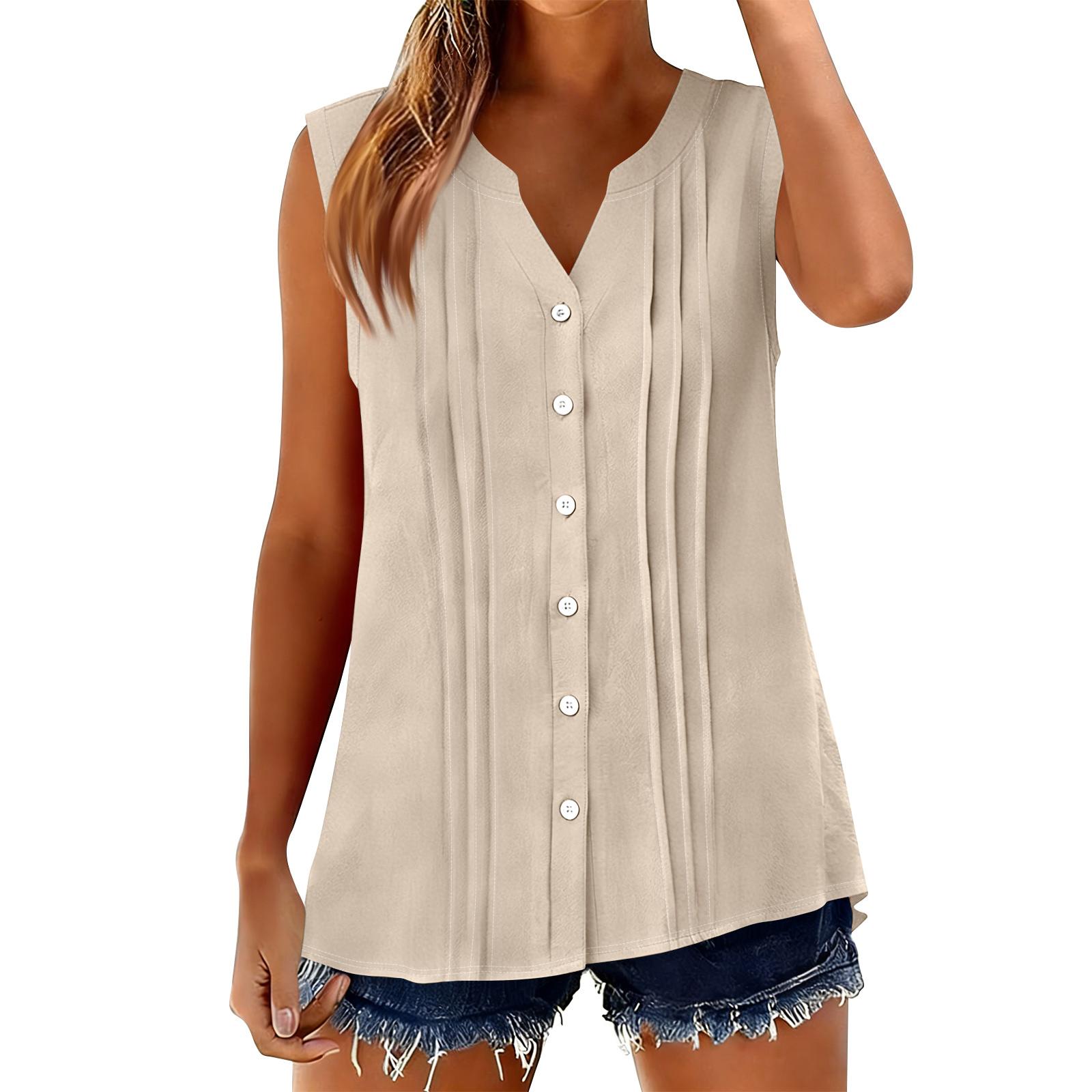 

Женские безрукавные топы Хлопок Лен Рубашки на пуговицах V-образный вырез Плиссированные Повседневные Свободные рукава Рубашка L хаки