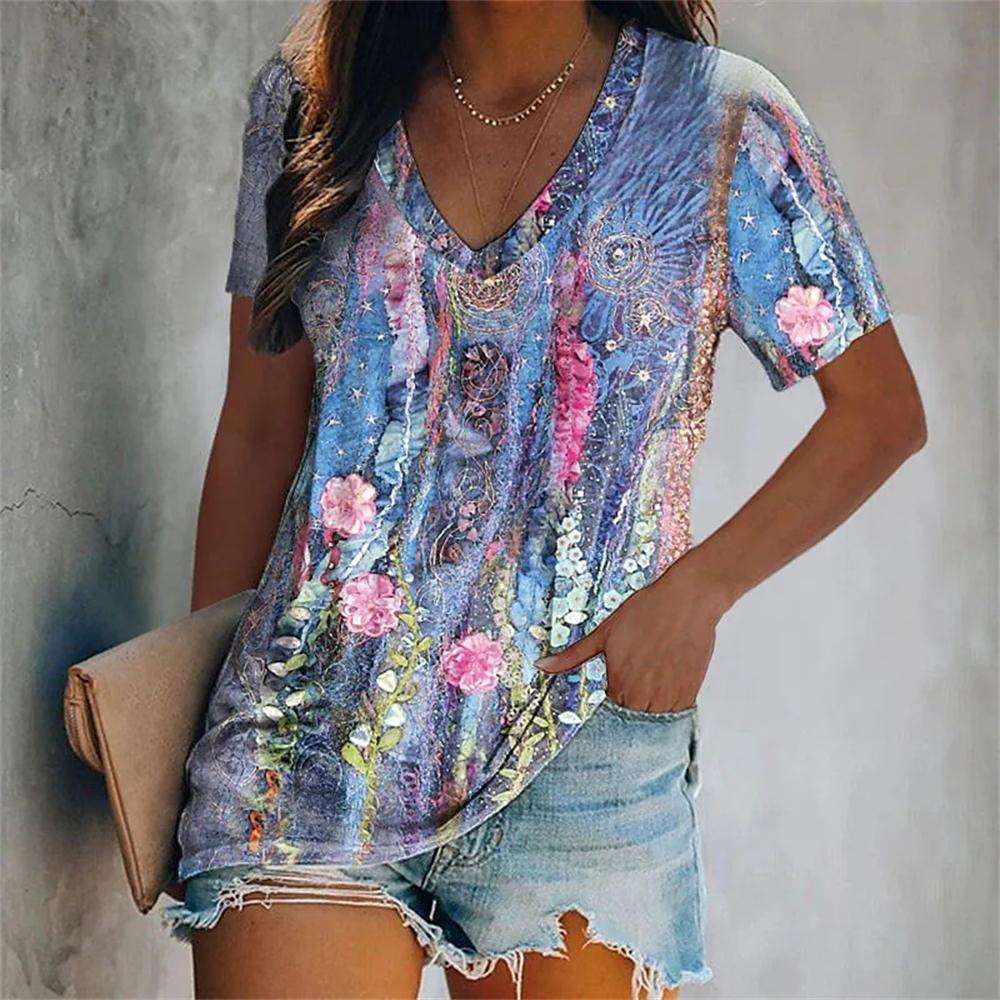 Fashion V-Neck Short Sleeve Colorful Tassels Print T-Shirts Summer Casual Elegant Women's Large Size T-Shirts