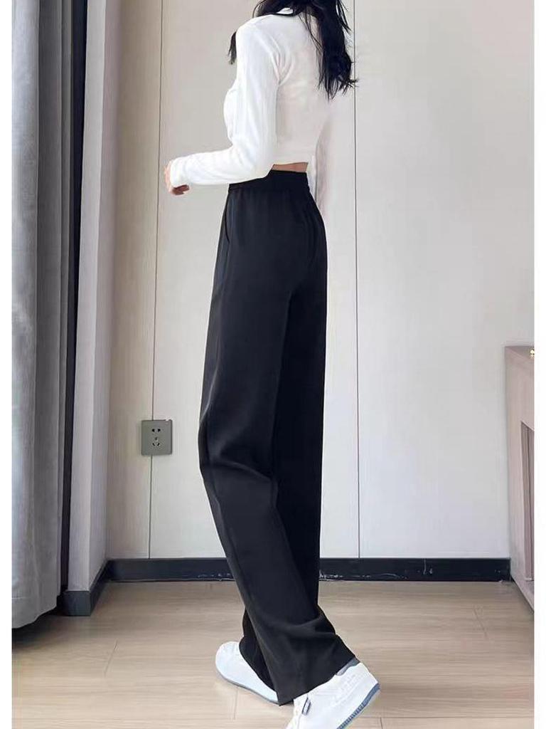 Women's Black Versatile High-Waisted Wide-Leg Pants