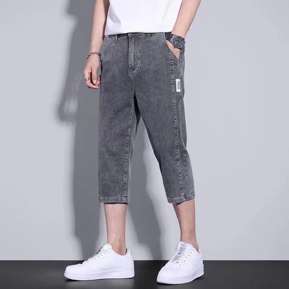 Jeans Corti da Uomo Stile Gamba Dritta Tinta Unita Pantaloni Denim a Metà Polpaccio Chiusura con Bottone e Cerniera Pantaloni Estivi Sottili Corti