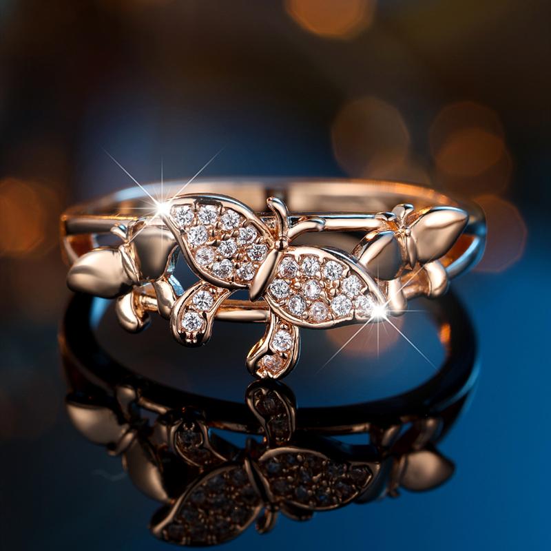 Fashion Gold Color Zircon Butterfly Rings for Women Elegant Wedding Ring Party Jewelry Gifts Gentle Versatile Temperament
