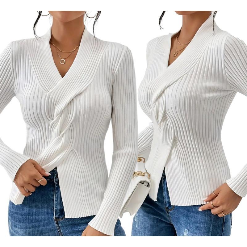 Women Fitted Solid V Neck Long Sleeve Knit Sweater Split Hem