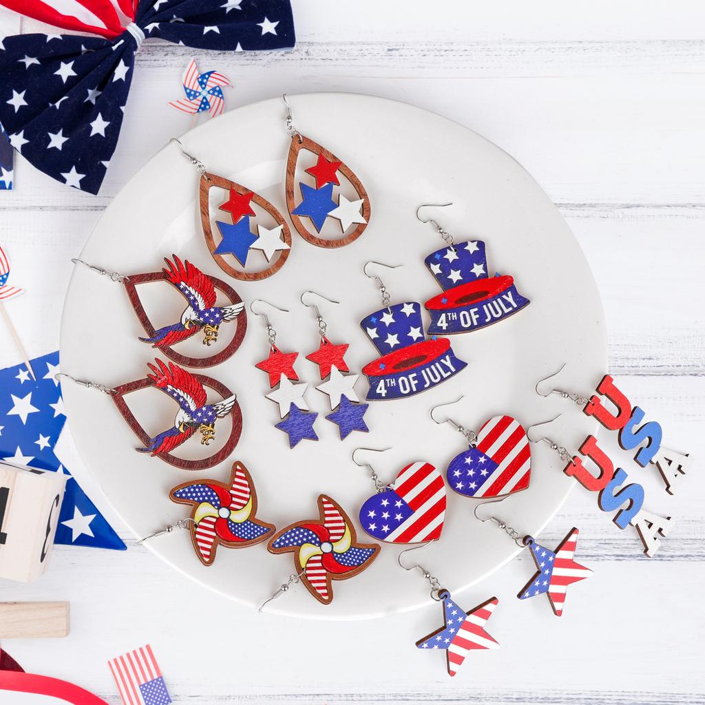 New Independence Day Flag Personalized Earrings Combination Set Printed Wooden Earrings