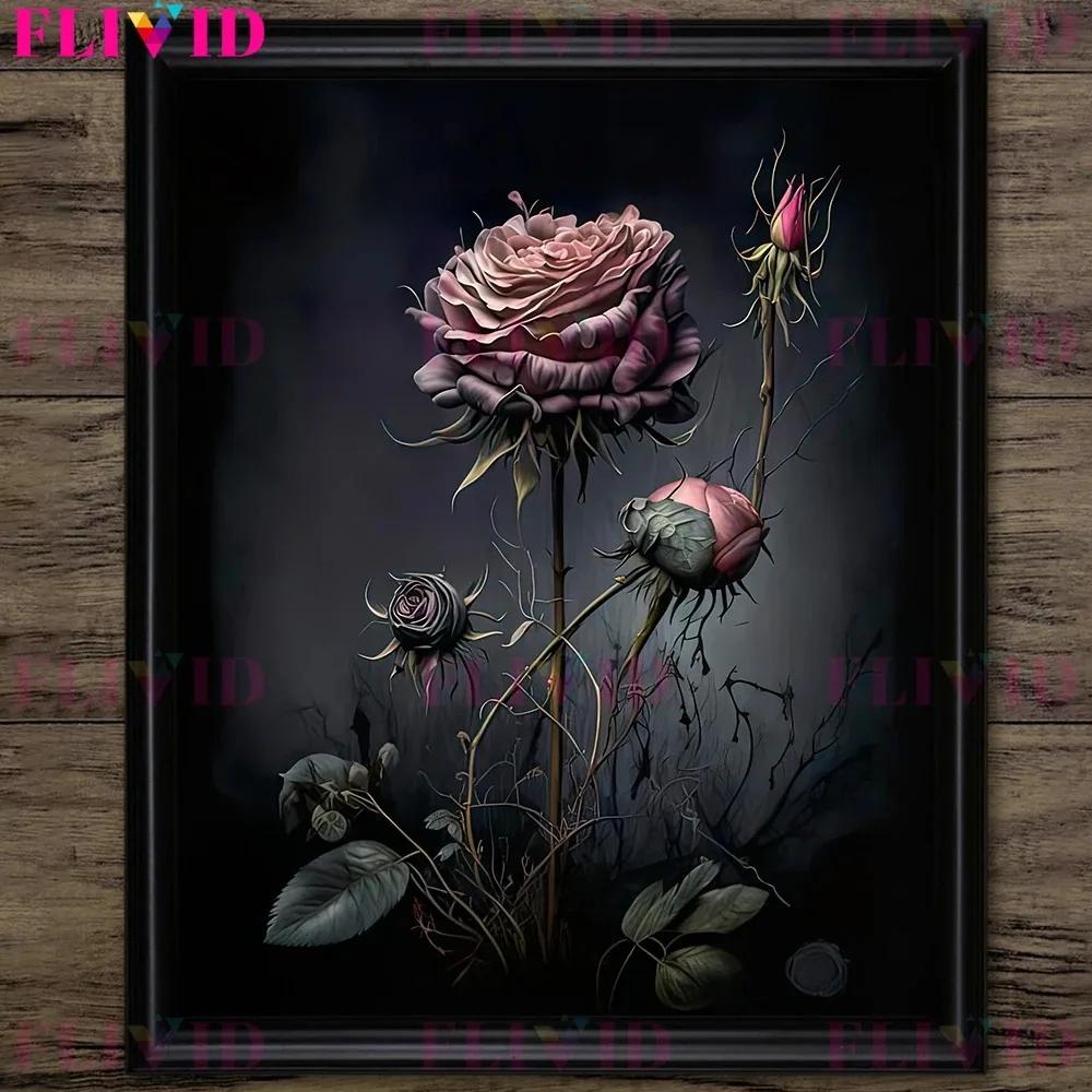 Dunkler Waldpilz und Vintage Rosa Rosen Vintage Wandkunst Druck Dunkel Botanisch Hexerei Gotischer Druck Wohnzimmer Dekoration