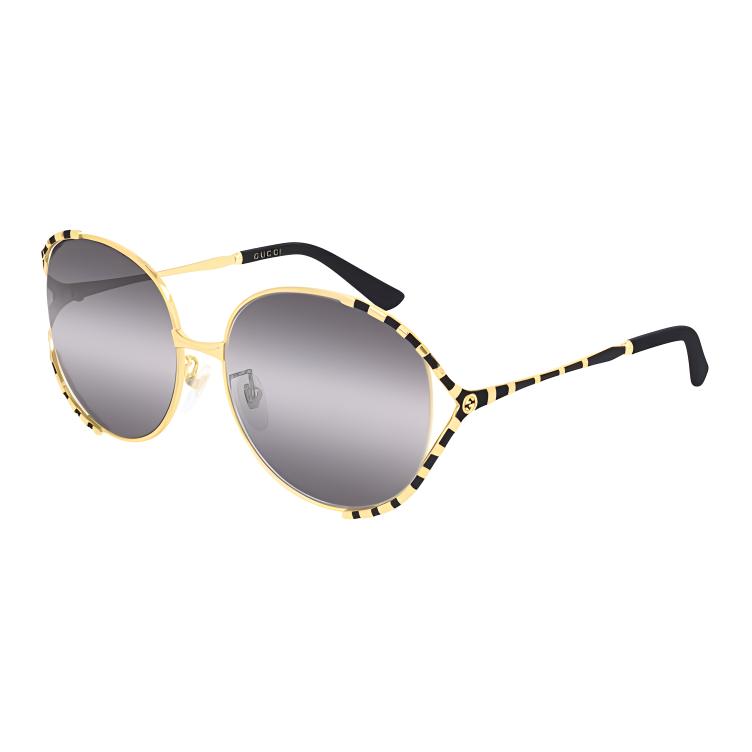 

GUCCI metal square frame sunglasses with a gold and black frame and grey gradient lenses, designed for women