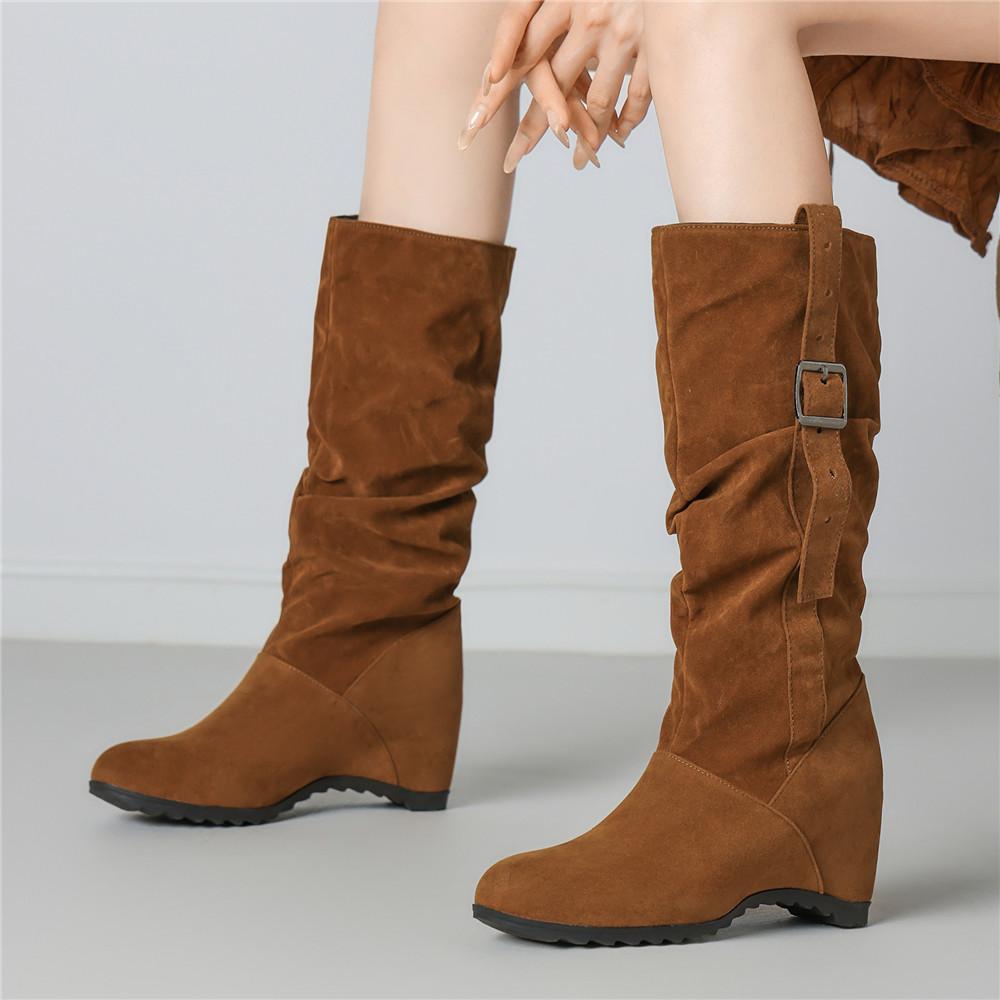 Fashion Mid calf Women's Internal Height Boots Women Shoes High Quality New Round Toe Solid English Style Fashion Casual Buckle Pleated